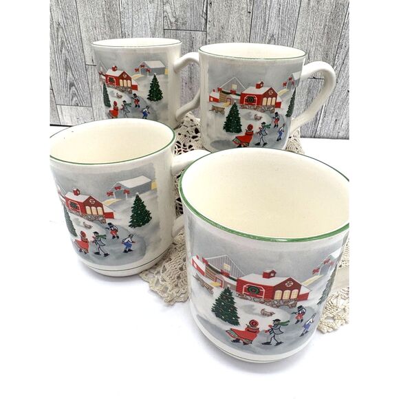 Set of Four Vintage SANGO Christmas Mugs Silent Night Holiday Ice Skaters Snow - Picture 2 of 9